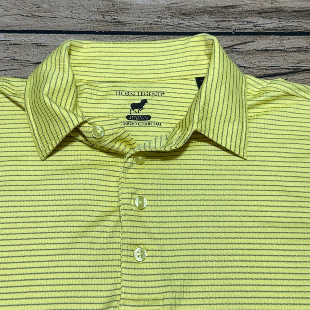Horn Legend Polo Men Medium Yellow Striped Bamboo Charcoal Golf Woodfield CC